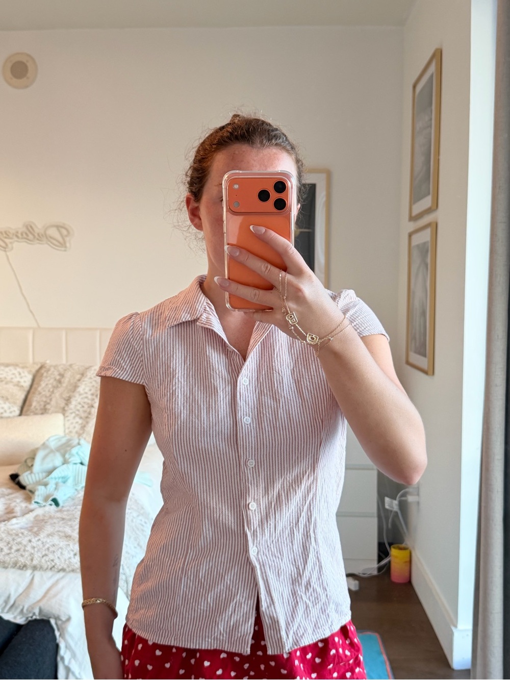 Brandy Melville Light Pink & White Striped Short-Sleeve Button Down